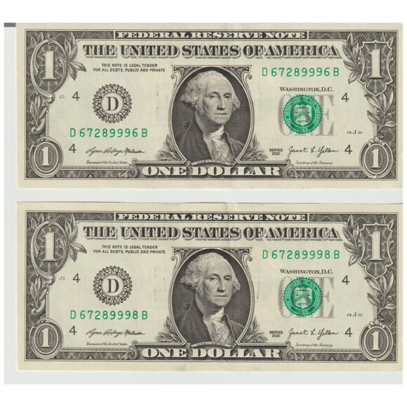 Other | 2 Near Sequential 221 1 Bills Fancy Serial Numbers D67289996b ...